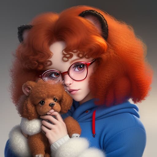  realistic tiny fluffy cub of red poodle, wearing glasses, holding diamond, big huge eyes, fluffy, fur, photorealism, cyberrealism, knitted hoodie blue, hyperrealism, realistic, professional photo, aesthetically, cute, sweetness, against the background of multi colored rhinestones