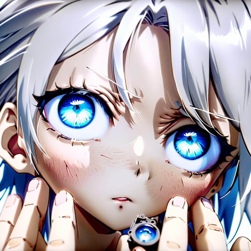  anime artwork .1 , body fully visible ++++ (very high detail) japanese ( + ++) old white hair, 2 size, blue eyes (light eyes), slim body, with small cuts, 10 meters from the camera, high detail . anime style, key visual, vint, studio anime, highly detailed, perfecteyes, perfect hands