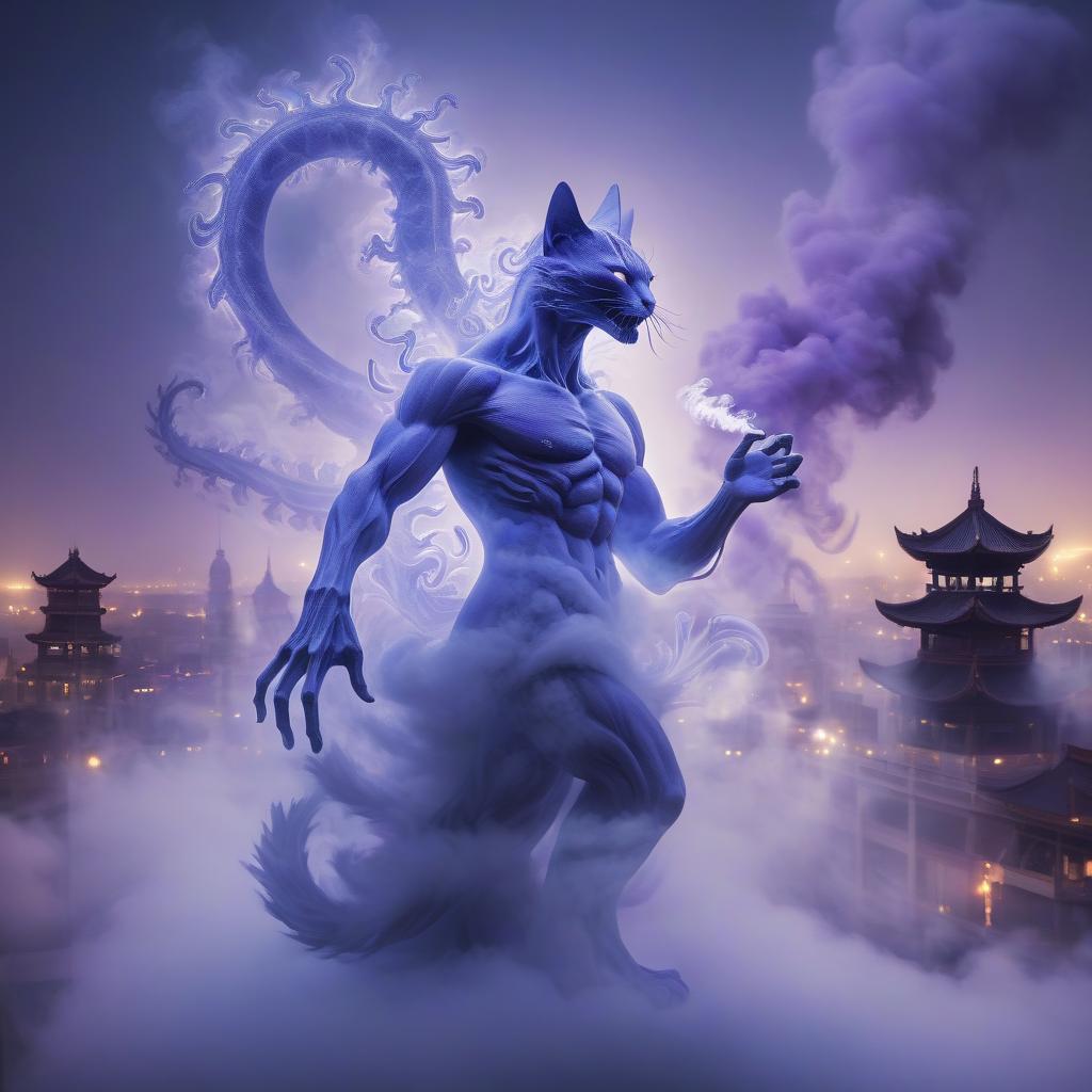  (masterpiece, kirlian photography style:1.3), mystical smoke giant cat fights smoke chinese dragon ​​of smoke spirit crafted from wisps of smoke, dissolving into the ether, ethereal and otherworldly presence, intricate patterns resembling kirlian photography, soft and flowing smoke forming the shape of the city, glowing aura around the silhouette, hints of blue and purple hues adding a surreal touch, dynamic composition capturing the spirit's transition, dreamlike and surreal atmosphere, intricate details in the swirling smoke trails, soft and gentle lighting enhancing the mystical quality, a blend of mysticism and artistry in a captivating and unique visual interpretation.