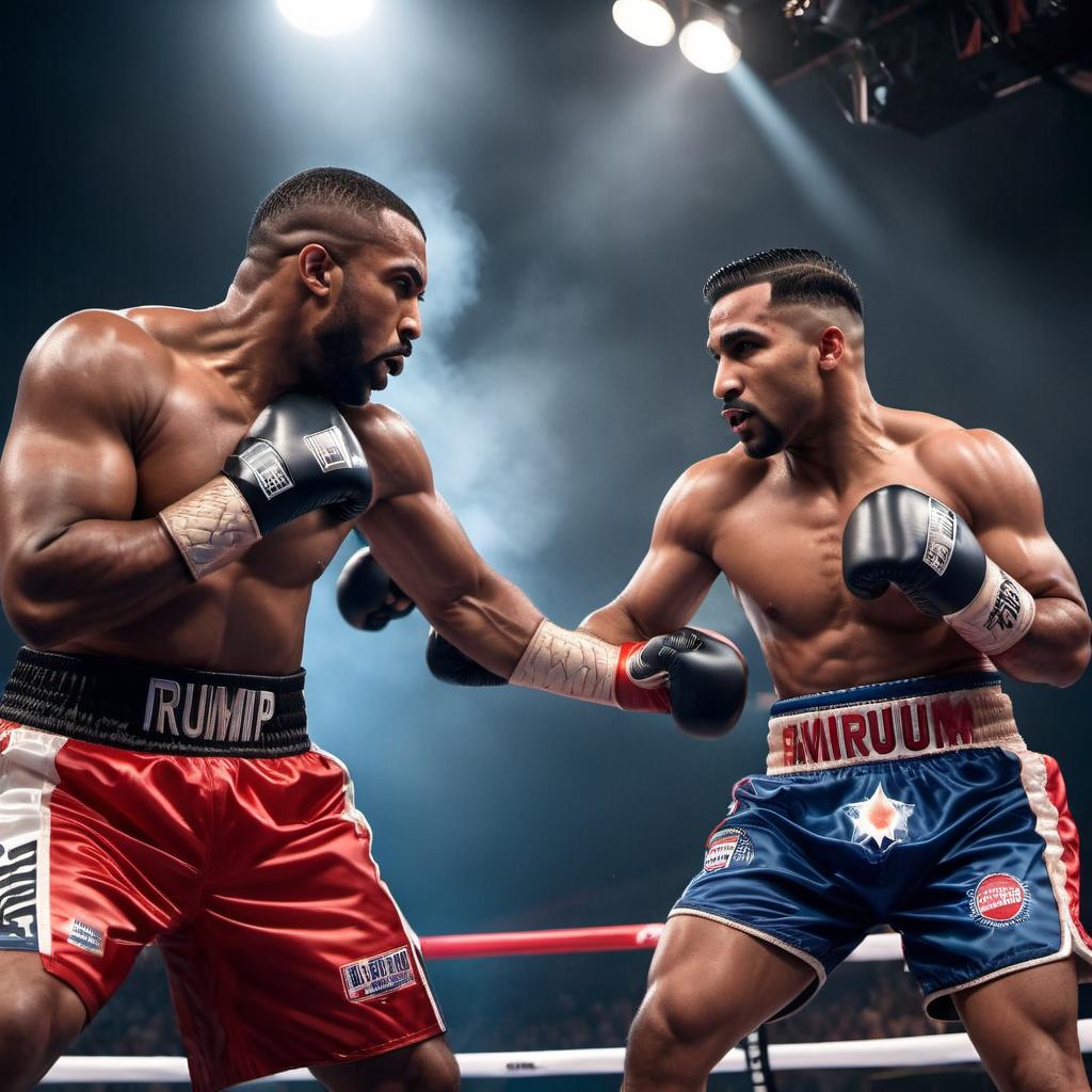  trump vs kamal harris and trump is giving her the knockout punch  hyperrealistic, full body, detailed clothing, highly detailed, cinematic lighting, stunningly beautiful, intricate, sharp focus, f/1. 8, 85mm, (centered image composition), (professionally color graded), ((bright soft diffused light)), volumetric fog, trending on instagram, trending on tumblr, HDR 4K, 8K