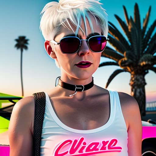  a woman with white hair, a short pixie haircut in sunglasses, a top top t shirt, with a choker around her neck, stands against a neon sunset in full height near a delorean dmc 12 car. seaside, palm shade. neon sunset. neon sign "neon cherry". digital photo. high detail. high realism.