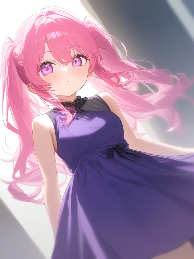  girls, cute, pink hair black inner colors, pink and purple eyes, clothes like dresses, tops, front, loose twin tails