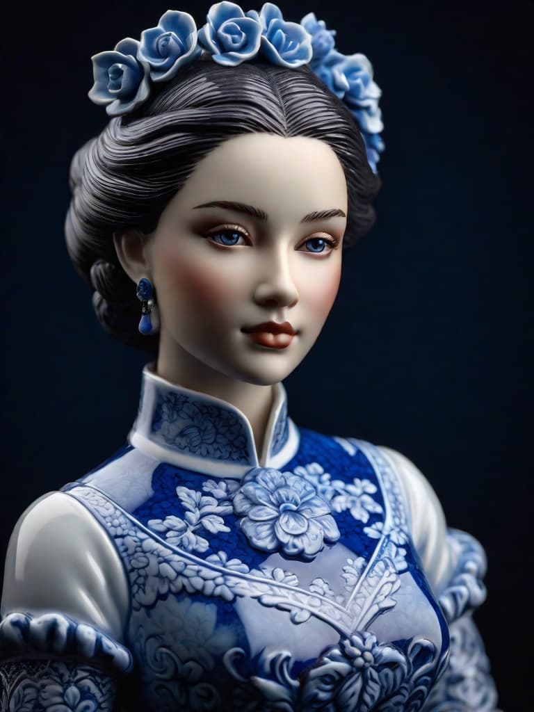  Close-up porcelain female figurine, looking to the camera, glossy surface, glaze, shiny, blue floral tattoos on her, dark gradient background, baroque dark style, hyperrealistic, CG society, intricate details