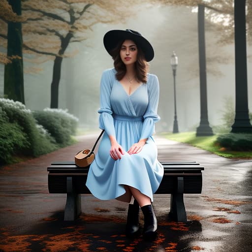  a girl wearing a vintage hat and a light blue sundress is sitting on a weathered wooden bench in a cobblestone park, captured using film photography by the iconic ansel adams. the photo is black and white with high contrast, drawing attention to the girl's introspective mood. there is a big lilac bush in the background, adding a delicate touch of purple to the otherwise monochrome scene. hyperrealistic, full body, detailed clothing, highly detailed, cinematic lighting, stunningly beautiful, intricate, sharp focus, f/1. 8, 85mm, (centered image composition), (professionally color graded), ((bright soft diffused light)), volumetric fog, trending on instagram, trending on tumblr, HDR 4K, 8K