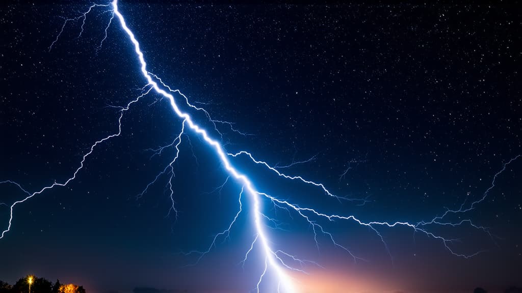  professional detailed photography, a lightning bolt in the starry sky. an electric wave from side to side. thunderclap effect, a bright light thunderclap in the dark. ar 16:9, (muted colors, dim colors, soothing tones), (vsco:0.3)