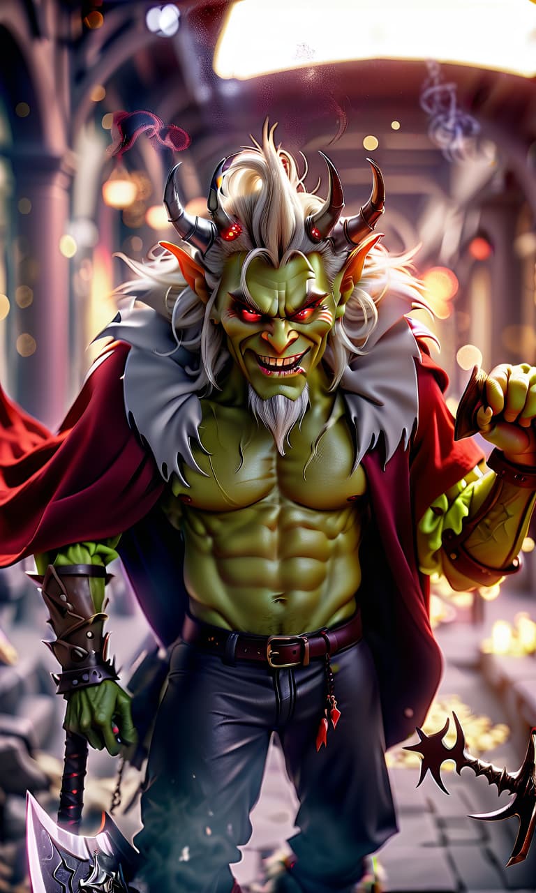  cinematic photo an evil goblin king, a crown on his head, with a small beard, red eyes, an evil grin on his face, a mantle with a fluffy collar, a large axe on his shoulder, a sporty physique. . 35mm photograph, film, bokeh, professional, 4k, highly detailed, perfecteyes, hkmagic, civitai, glowneon