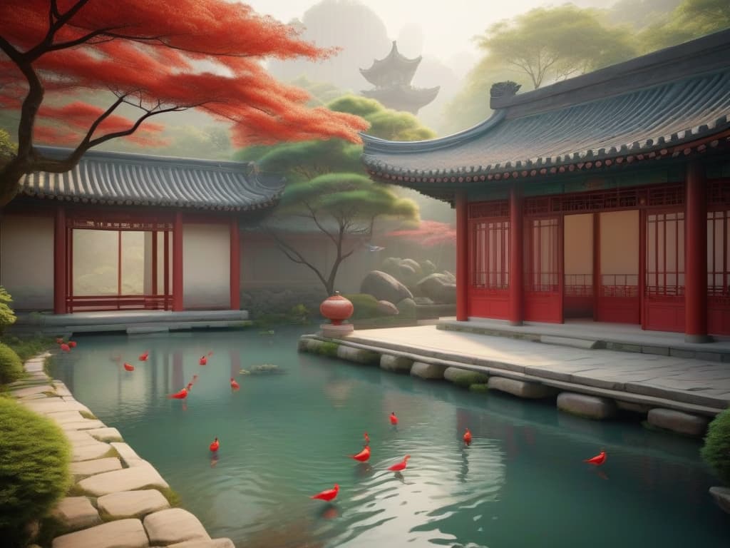  styles: architecture style, courtyards, trees, red flowers, birds, ponds, rhythm, dreamy tastes, soft colours. artistic style: traditional chinese wind, natural inspiration. source of inspiration: traditional chinese paintings, traditional buildings. camera: midview, wide angle. light: soft natural light, warm color. 4k, detail, chinese architecture, peace, peace, aura, harmony, traditional elements。