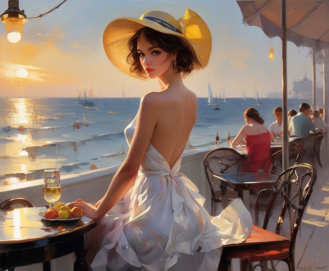  concept art landscapes sunset by konstantin razumov and mikhail garmash and volegov, modern woman embankment by the sea, embankment by the sea, street cafe, a girl in a beautiful bright summer dress sits with her back to us, very short haircut, a beautiful beach hat with large sides on her head, a cocktail on the table,, the sea in the distance, photo realism, full length seascape painting depicting a dark night scene on a stormy sea by volegov:40 konstantin razumov :40 mikhail garmash:20 styles of by thomas moran and claude monet peter wileman, keith negley, and martin ansin, seascapes, sea, sunrise, mikhail garmash, louis jover, victor cheleg, damien hirst, claude joseph vernet,blending styles of peter wileman, keith negley, and martin 