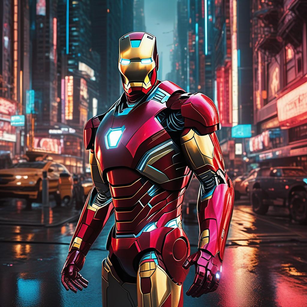  masterpiece, best quality, masterpiece, 8k resolution, realistic, highly detailed, Iron Man close-up. He stands on a street lined with tall buildings in a cyberpunk style city at night. The city's night lights are bright, and the surrounding buildings and streets are full of cyberpunk elements such as neon lights, high-tech equipment and futuristic architectural design.