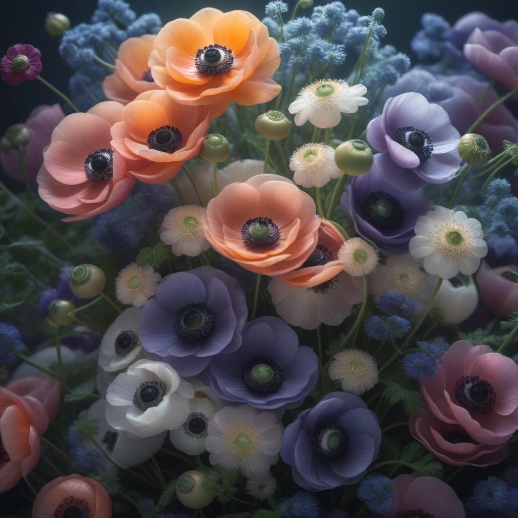  Bouquet of anemones hyperrealistic, full body, detailed clothing, highly detailed, cinematic lighting, stunningly beautiful, intricate, sharp focus, f/1. 8, 85mm, (centered image composition), (professionally color graded), ((bright soft diffused light)), volumetric fog, trending on instagram, trending on tumblr, HDR 4K, 8K