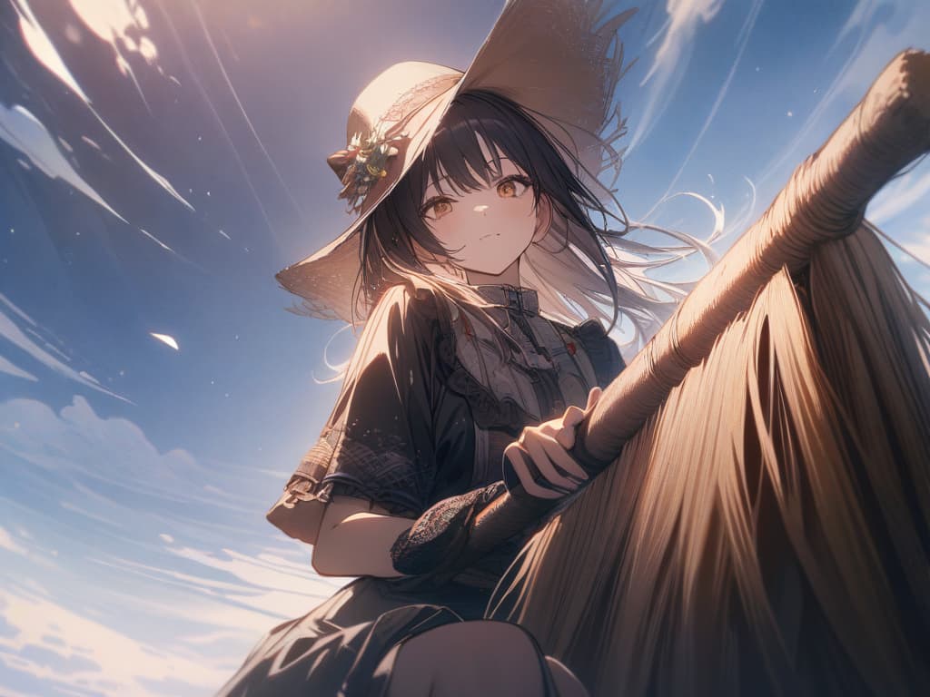  witches, girls, hats, hair fluttering, flying in the sky, sitting with a broom sideways, sitting on a broom, suppressing the sky, background, and hat, masterpiece, best quality,8k,ultra detailed,high resolution,an extremely delicate and beautiful,hyper detail