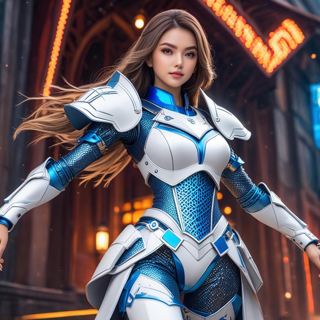  bitcoin, front view, masterpiece, best quality, photorealistic, raw photo, (1girl, looking at viewer), long hair, mechanical white armor, intricate armor, delicate blue filigree, intricate filigree, red metalic parts, detailed part, dynamic pose, detailed background, dynamic lighting,(textured skin:1.3) photo realistic, highly intricate and detailed, masterpiece, ultra high res,photography,8k resolution