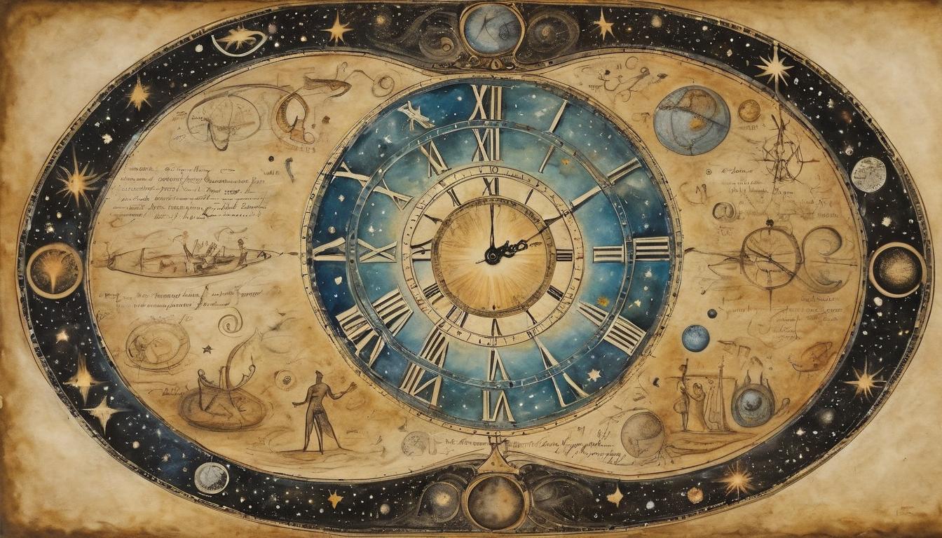  on parchment, surrealism++, astral clock surrounded by swirling galaxies, luminous hands, cosmic aura, time stands still, interstellar light(mysterious, provocative, symbolic)++