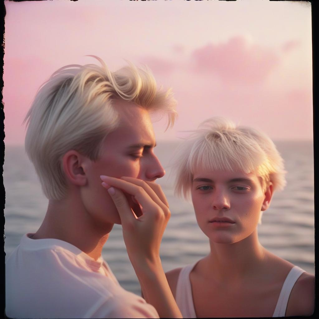  analog film photo a girl platinum blonde with short hair touches the face of a blonde guy, in the background the sea, sunset, pink and white shades, clouds, light fog, sunny day. . faded film, desaturated, 35mm photo, grainy, vignette, vintage, kodachrome, lomography, stained, highly detailed, found footage