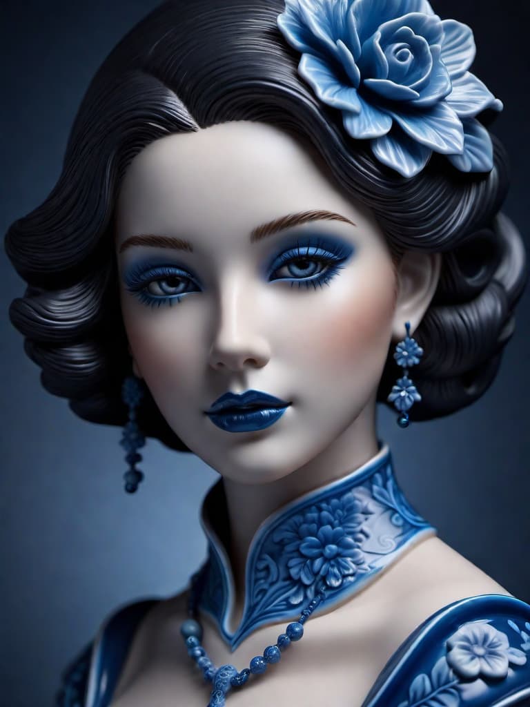  Close-up porcelain female figurine, looking to the camera, glossy surface, glaze, shiny, blue floral tattoos on her, dark gradient background, baroque dark style, hyperrealistic, CG society, intricate details