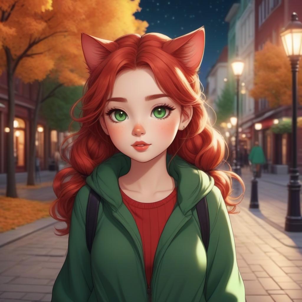  Cute cartoon girl plump lips folded into a kiss huge green eyes red curls escaping from pigtails freckles on a snub-nosed face oversize clothes with a cat walking through an autumn night city, bright dynamic picture in the style of a comic, cartoon, drawing details realistically, digital animation