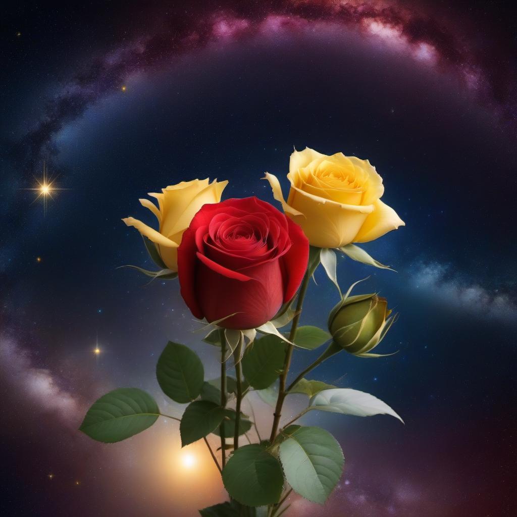  A bouquet of gorgeous red and yellow roses. Background bright stars, comets, planets, Milky way, natal chart. Beauty.