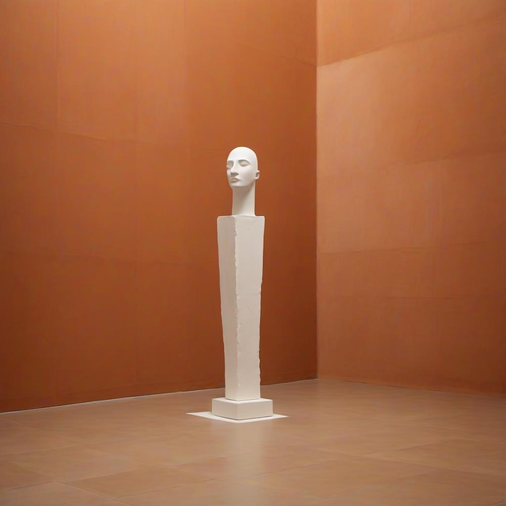  abstract shapeless sculpture of plaster stands in the exhibition hall on the terracotta background