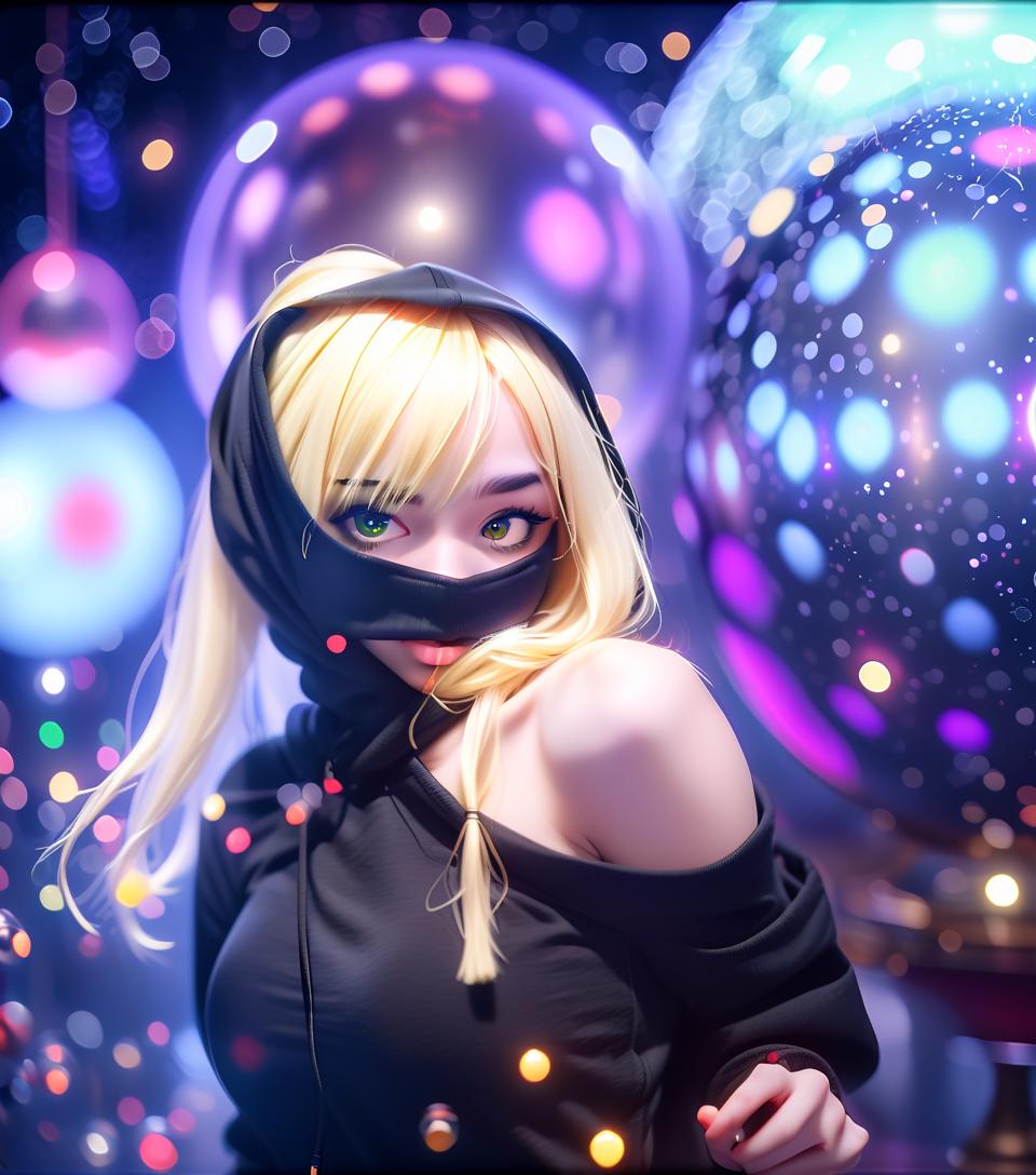  cinematic photo the girl is blonde, in a black top and hood, a large bust, against the background of magic balls. . 35mm photograph, film, bokeh, professional, 4k, highly detailed, perfecteyes, hkmagic, glowneon