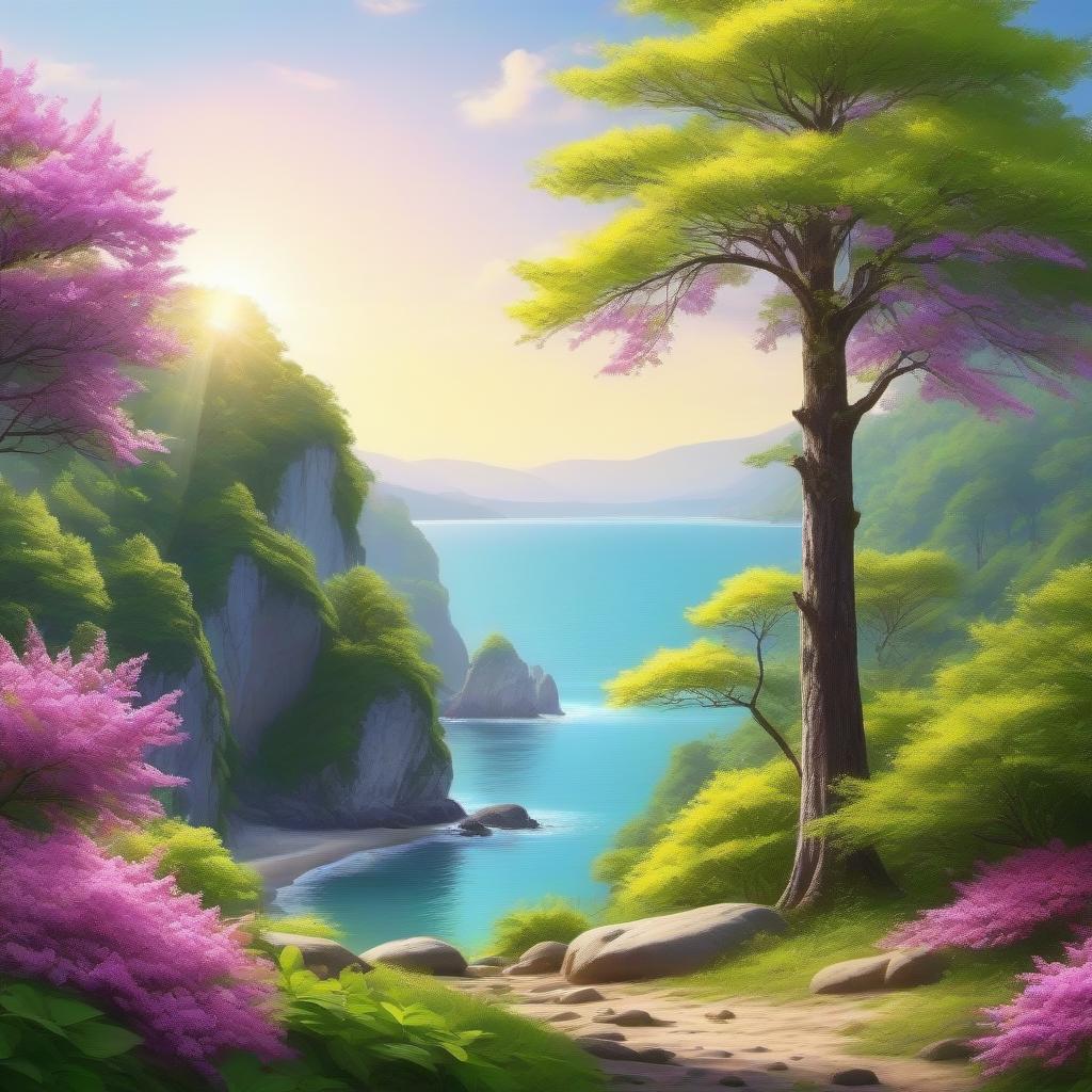  Promt for the picture 🖼 Vector art style painting with white, purple & pink, lime-Yellow-green colours, realistic with a soft brushwork texture. A giant tree stands in front of a forest next to a rock shore with lime-yellow leaves & pink flowers. vibrant yellow sunlight effects with shadow effects.