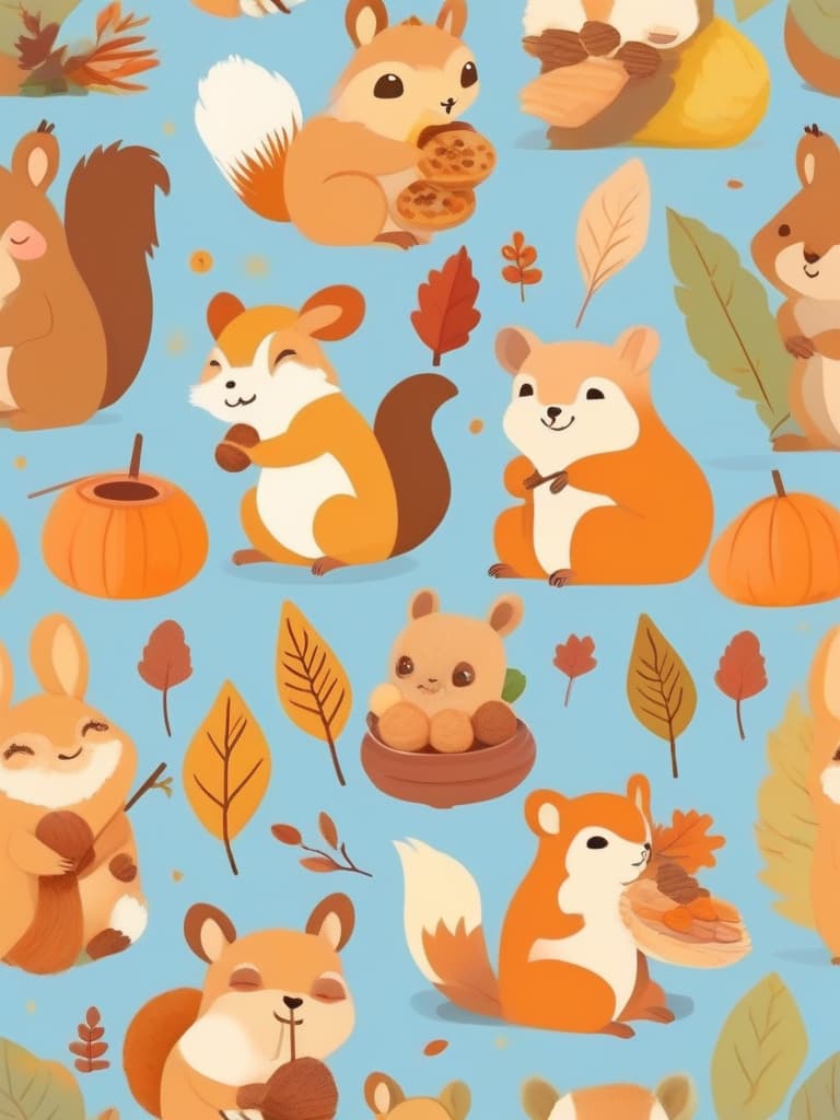  masterpiece,flat color,stamp painting,autumn leaves,🍁,cute squirrel and cute sloth,eating dumplings,pastel blue background