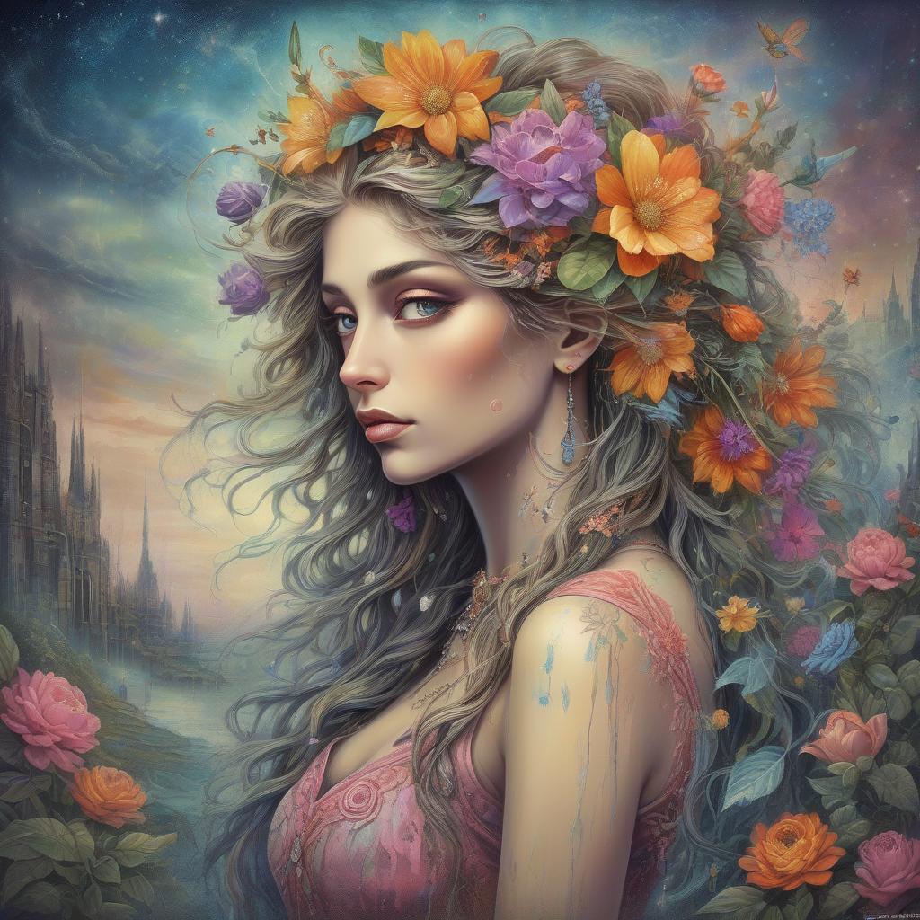  grunge style a painting of a woman with flowers in her hair, beautiful fantasy art portrait, beautiful fantasy portrait, beautiful fantasy painting, colorfull digital fantasy art, beautiful detailed fantasy, very beautiful fantasy art, beautiful fantasy art, inspired by josephine wall, romanticism art style, intricate fantasy painting, highly detailed fantasy art, anime art nouveau cosmic display, . textured, distressed, vintage, edgy, punk rock vibe, dirty, noisy