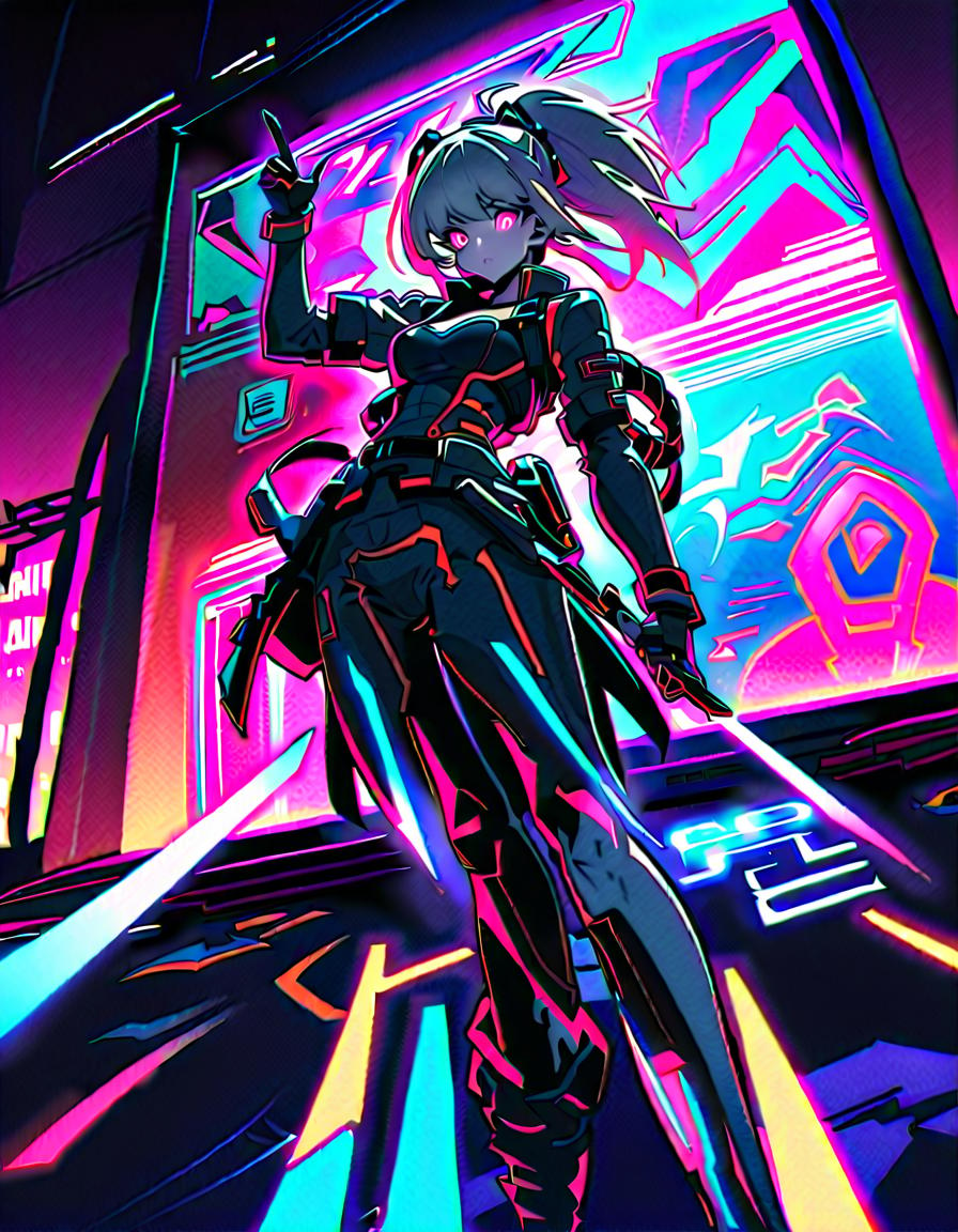  cyberpunk character, posing with weapons, showcasing agility, confident and determined, break colorful and vibrant cityscape, neon lit urban street, graffiti, futuristic weapons, neon signs, holographic displays, break futuristic and energetic, glowing neon effects, dynamic motion lines, vibrant color contrasts,