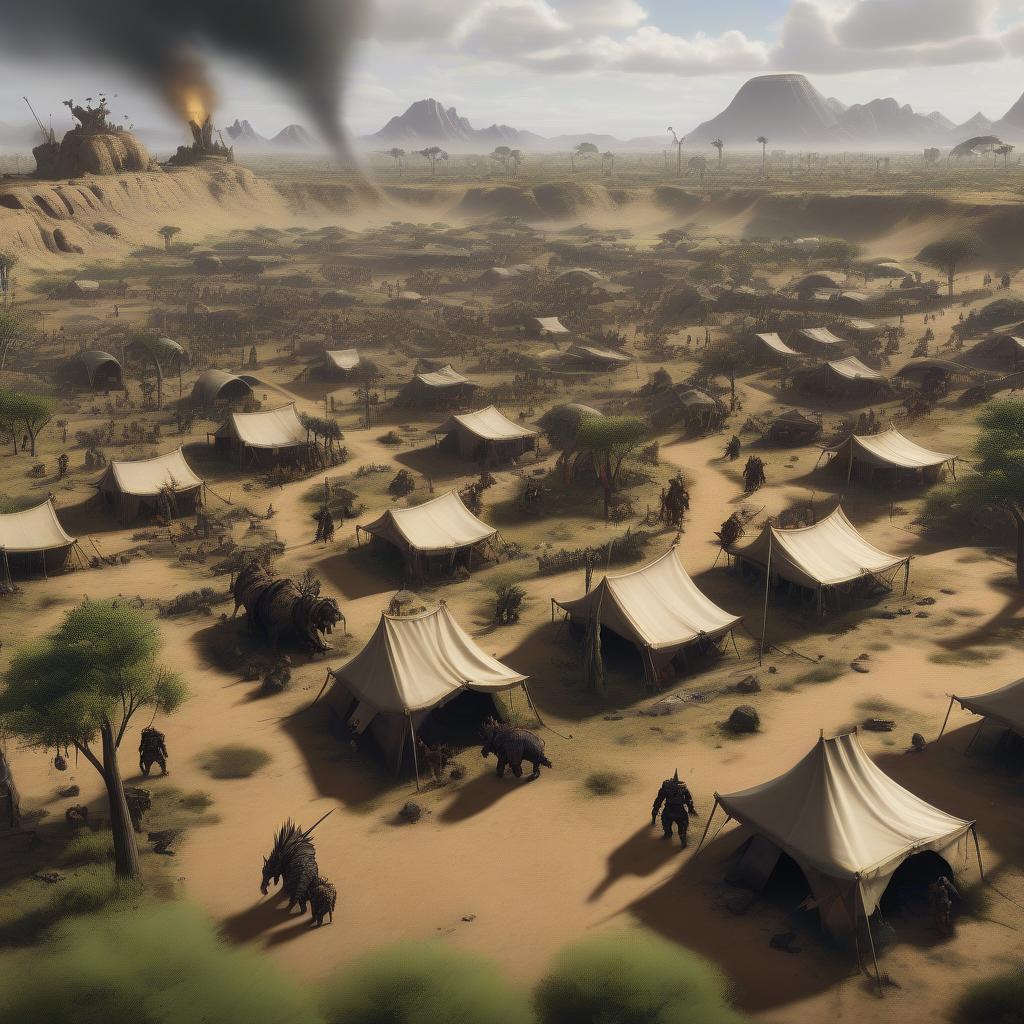  view of a ramshackle town of tents set up in a savanna by a group of orcs, bugbears and goblins that roam dnd lands a bandits. this settlement is a long term staging point for raids and acts as both a good defense for this horde and a city to trade with. the city is call cal hakad