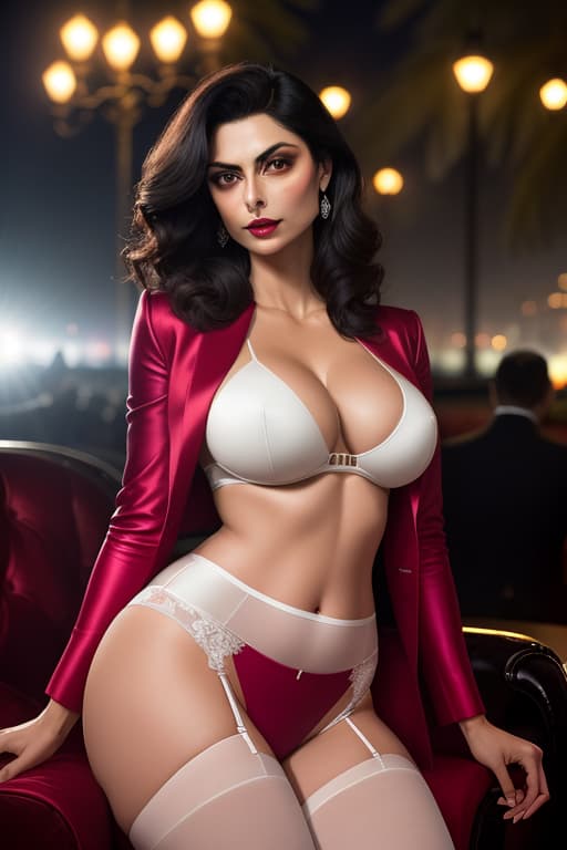  Morena Baccarin, hyper realistic photo, carmine red lips, dark makeup, fuchsia suit jacket, fuchsia skirt, slit skirt, garter belt, white stockings, medium breasts, deep cleavage, bare torso, topless, armchair, roof terrace (Champs Elysées), front view hyperrealistic, full body, detailed clothing, highly detailed, cinematic lighting, stunningly beautiful, intricate, sharp focus, f/1. 8, 85mm, (centered image composition), (professionally color graded), ((bright soft diffused light)), volumetric fog, trending on instagram, trending on tumblr, HDR 4K, 8K