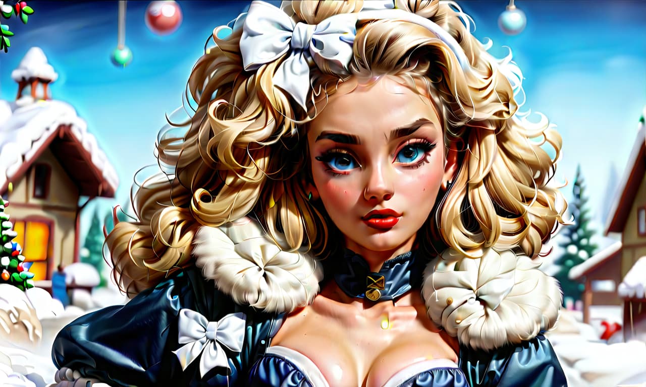  kawaii style "create a painting in the pin up style featuring a young woman with a cute face and makeup. she has light hair styled with large white bows on the sides, from which curly hair flows down. the woman is dressed in a short blue fur coat with a fluffy white fur collar, which accentuates her figure. her arms are extended along her body to mid thigh, with her wrists flared out to the sides. she wears nylon stockings and long white leather high heeled boots, standing as if on her toes. the scene depicts her standing straight in the snow, appearing to shiver from the cold, surrounded by snow and snowdrifts. to her right, there is a fluffy green christmas tree adorned with colorful ornaments and twinkling lights. the snow sparkles and g