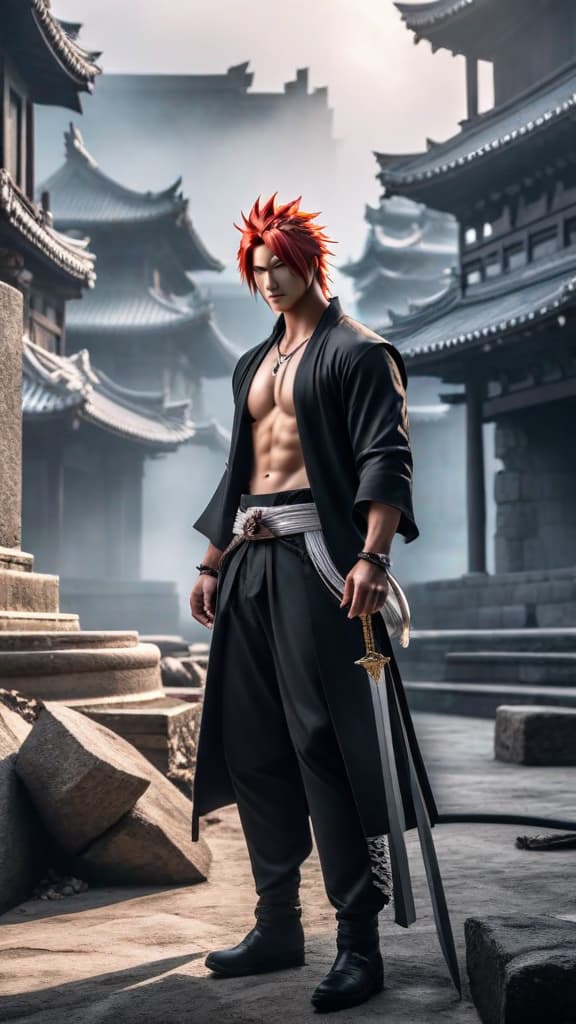  renji from bleach amidst battle ruins, zabimaru glowing with unfamiliar energy, transforming into a sleek, serpentine form, anime art hyperrealistic, full body, detailed clothing, highly detailed, cinematic lighting, stunningly beautiful, intricate, sharp focus, f/1. 8, 85mm, (centered image composition), (professionally color graded), ((bright soft diffused light)), volumetric fog, trending on instagram, trending on tumblr, HDR 4K, 8K