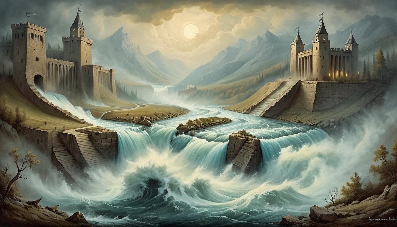  on parchment, surrealism+++, a roaring river breaking through a dam, unstoppable force, overcoming obstacles(mysterious, provocative, symbolic,muted color)+++