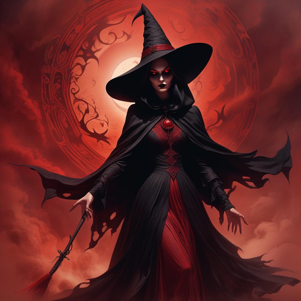  gothic style a witch in a black shroud. a pointed hat. a witch in a dynamic pose. red mist. red sandstorm. black sun . dark, mysterious, haunting, dramatic, ornate, detailed