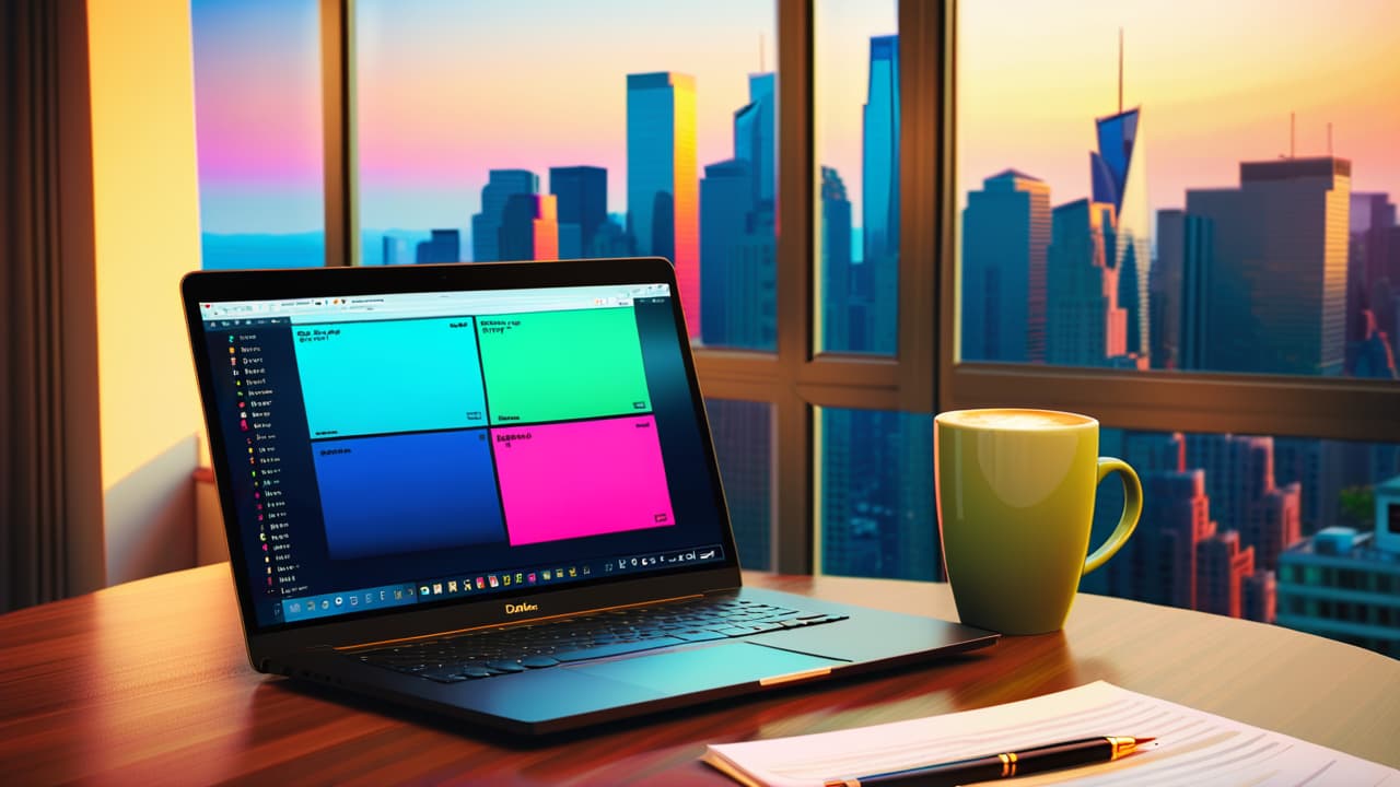  a serene home office with a laptop displaying stock charts, colorful sticky notes, and a cup of coffee. a window reveals a bustling city skyline, symbolizing opportunity and growth in stock trading. hyperrealistic, full body, detailed clothing, highly detailed, cinematic lighting, stunningly beautiful, intricate, sharp focus, f/1. 8, 85mm, (centered image composition), (professionally color graded), ((bright soft diffused light)), volumetric fog, trending on instagram, trending on tumblr, HDR 4K, 8K