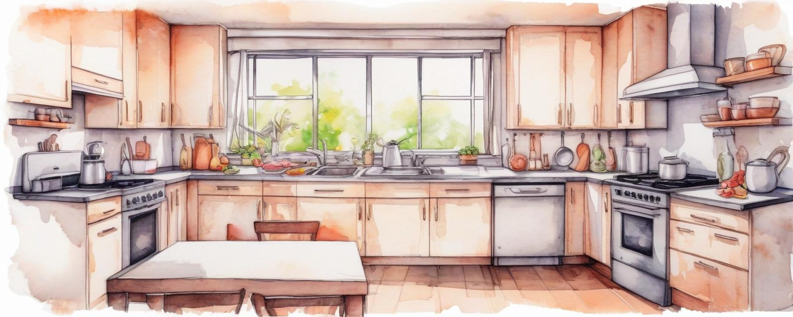  sketch watercolor kitchen without people for background, sticker