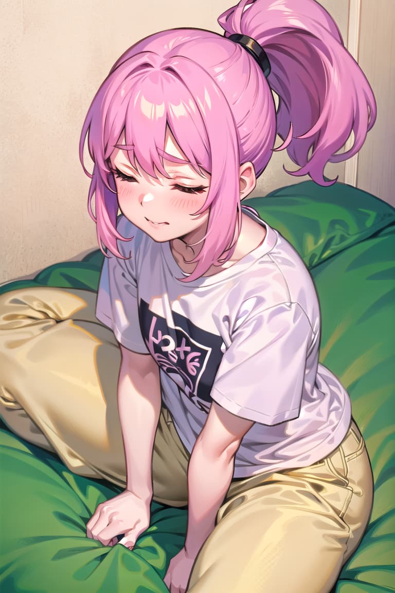  r 18, , middle , pink haired ,ponytail,large eyes,t shirts, pants, A woman, in a bold and uninhibited display of , sits on her bed, her legs parted in an M shape, Her expression is one of unapologetic ecstasy, eyes closed, mouth slightly open, a soft moan escaping her lips. Her right hand confidently explores her most areas, fingers moving boldly, while her left hand gently caresses and squeezes her full , thumb the sensitive . The camera captures the raw uality of the moment, focusing on her hands and the delicate lace that struggles to contain her curves.