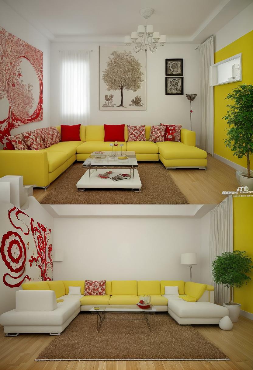  sofa having red and white colour in a drawing room,and a half size of soaf an aquariem present beind that sofa in that drwing room, and a sqare shape center tabel on the brown carpet infront of that sofa also there, yellow and white colour wall is painted and one small tree is trere