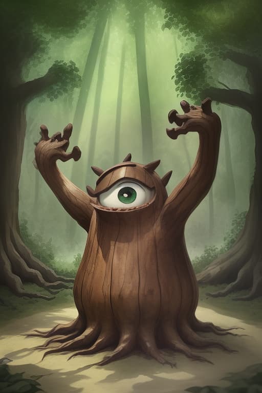  a cute, stout wooden creature resembling a stump, with arms, roots and large eyes, happily waving its branch like arms against a forest backdrop, dappled sunlight filtering through the leaves.. magic realism, funny cartoon, rustic watercolor