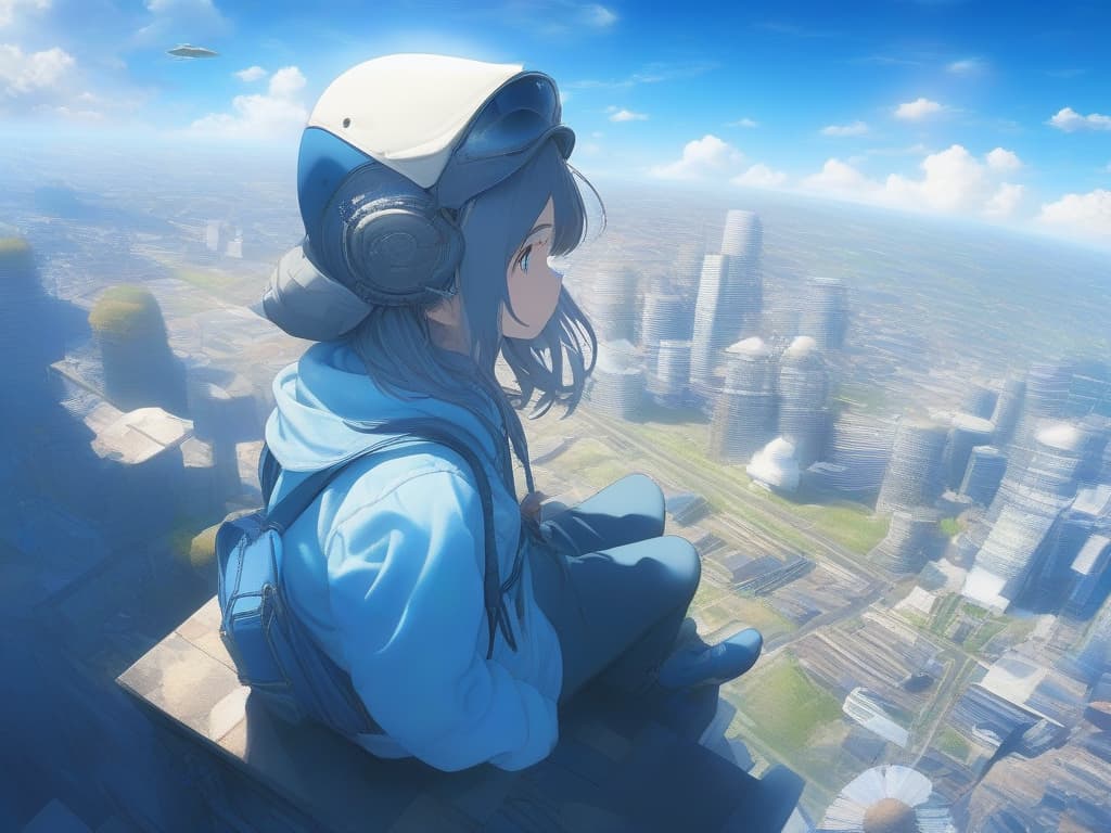  blue sky, high place, one girl, sitting, wide sky