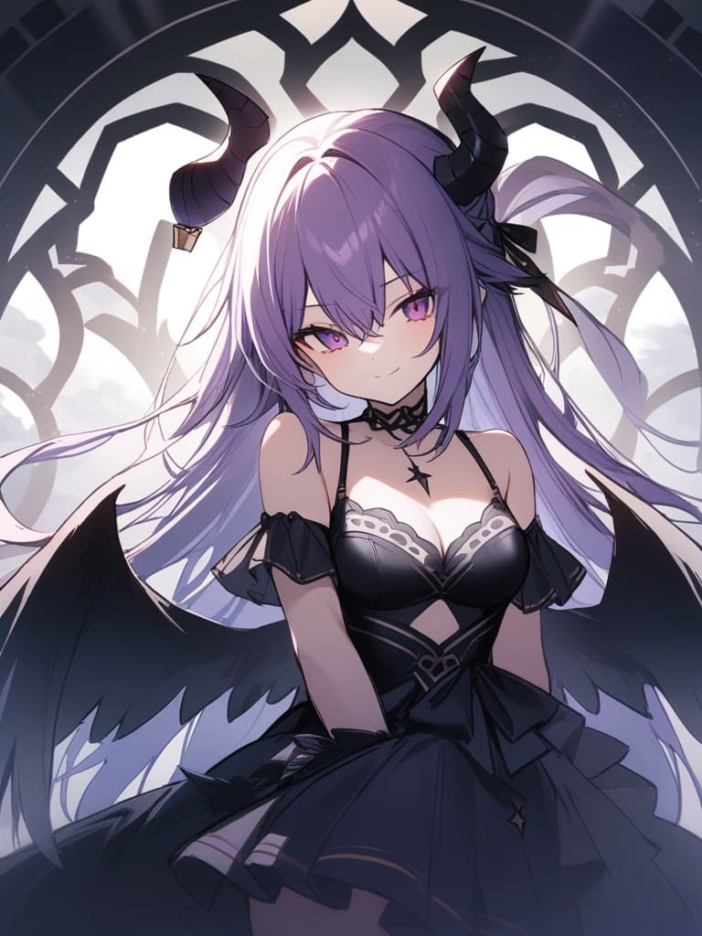  (devil: 1.4), (demon king: 1.2), {(black wings: 1.3), (black horn: 1.3) the air: 1.3), 1girl, best quality, smile, masterpiece, purple hair, long hair, cowboy shot,