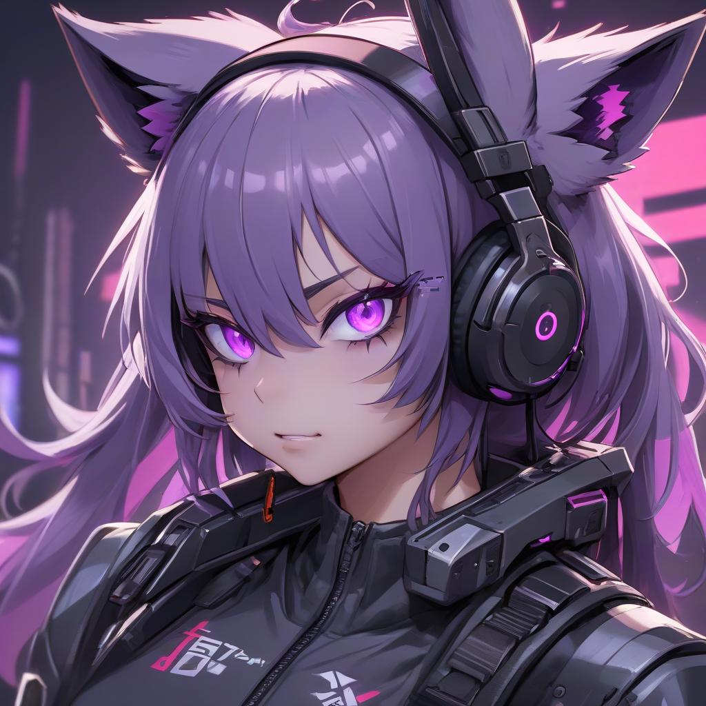  a close up of a person with headphones on, metal ears purple eyes, cyberpunk brackets, sharp fox teeth, by ryūsei kishida, infernal art in good quality, bad bunny, mad grin, bite, evil nanobot, twitter pfp, hybrid human/tank, anger. hyper detailed, vulcaon machine gun, amoled