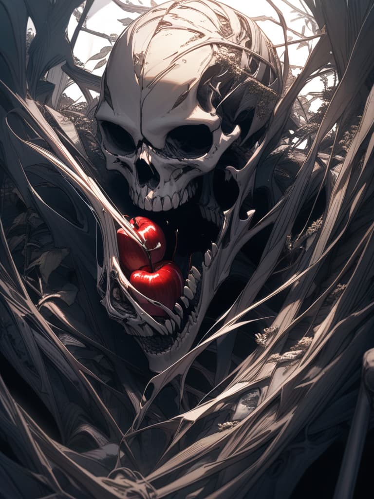  reaper eating apple, skeleton, masterpiece, best quality,8k,ultra detailed,high resolution,an extremely delicate and beautiful,hyper detail