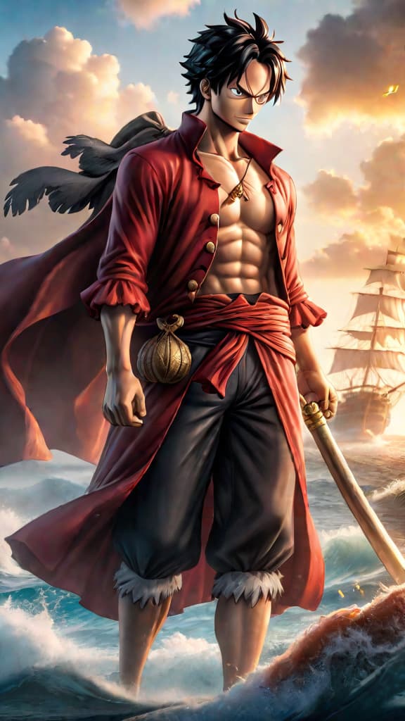  anime art: luffy meets shanks, reminiscing gol d. roger, the pirate king, passing the torch. hyperrealistic, full body, detailed clothing, highly detailed, cinematic lighting, stunningly beautiful, intricate, sharp focus, f/1. 8, 85mm, (centered image composition), (professionally color graded), ((bright soft diffused light)), volumetric fog, trending on instagram, trending on tumblr, HDR 4K, 8K