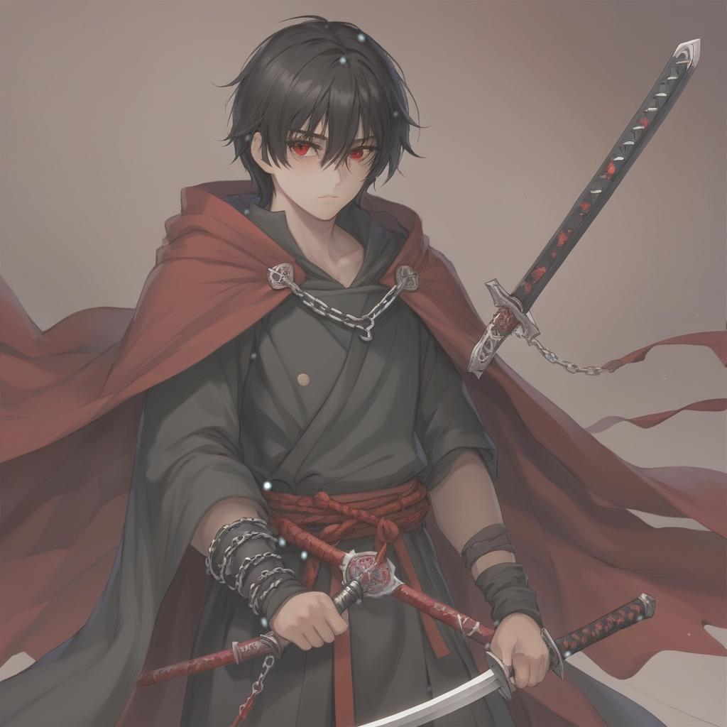  a black haired guy about 17. in a cloak on an iron chain clasp. a slight paleness. brown eyes. he has a katana weapon with a blood red blade