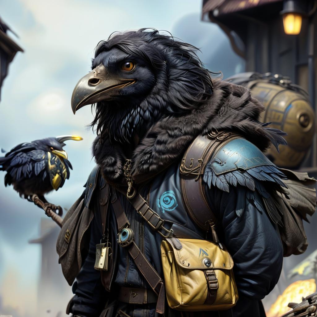  dystopian style black with blue tint avian humanoid race with raven head alchemist, cape, mischievous yellow eyes, smiling, rags and leather cloak with lots of pockets, big backpack with pockets, bomb in hand . bleak, post apocalyptic, somber, dramatic, highly detailed, civitai