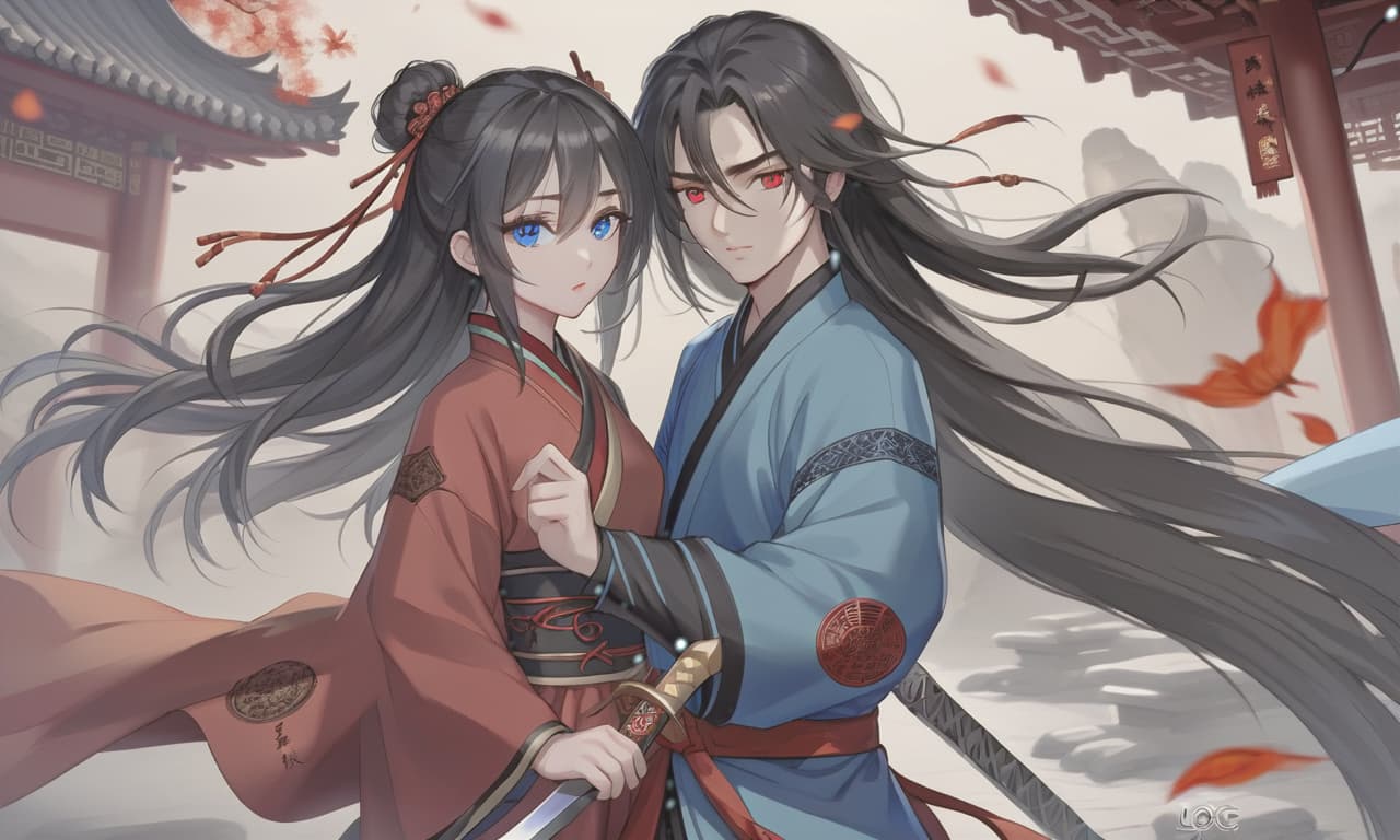  breathtaking realistic photo, two people, a character from the novel “system save yourself for the main hero”, lo binghe, a young man in black with an unassuming long sword behind his back. long black hair to the waist, red eyes, demonic mark on the forehead, next to him is a girl blonde, blonde hair to the shoulder blades, european face type, light skin, blue eyes, plump lips, a small tummy at the bottom of the waist, full height ancient china . award winning, professional, highly detailed, hkmagic