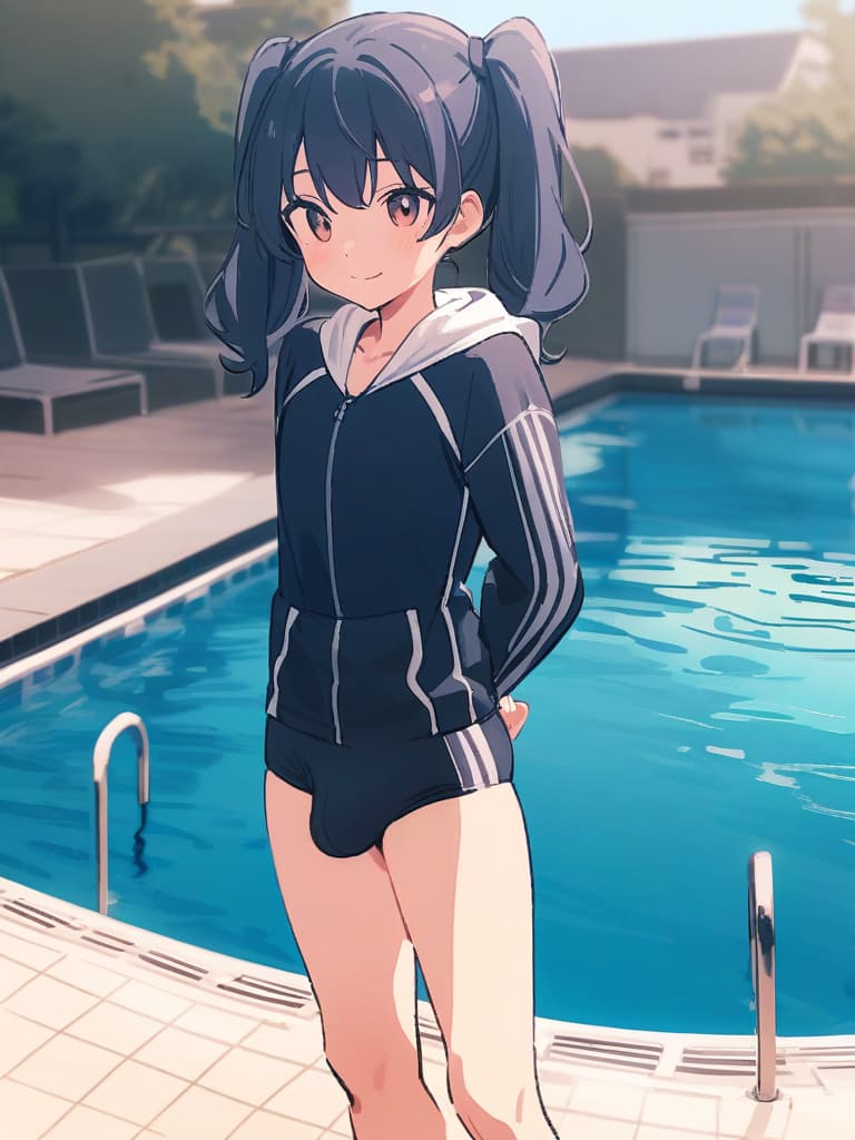  junior s, twin tails, cute smiles, dark blue hits, dark blue swimwear, dark blue swimwear, clear (double ual equipment, shaped clear, bulge, male bulging), front legs, whole body, pool, pool,