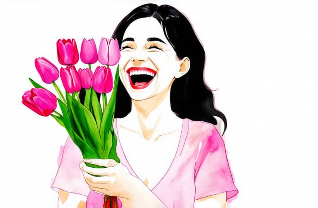  artwork beautiful woman laughs, holds a bouquet of pink tulips in her hands, space for text, white background, photo ar 16:9 ar 3:2, watercolor techniques, featuring fluid colors, subtle gradients, transparency associated with watercolor art