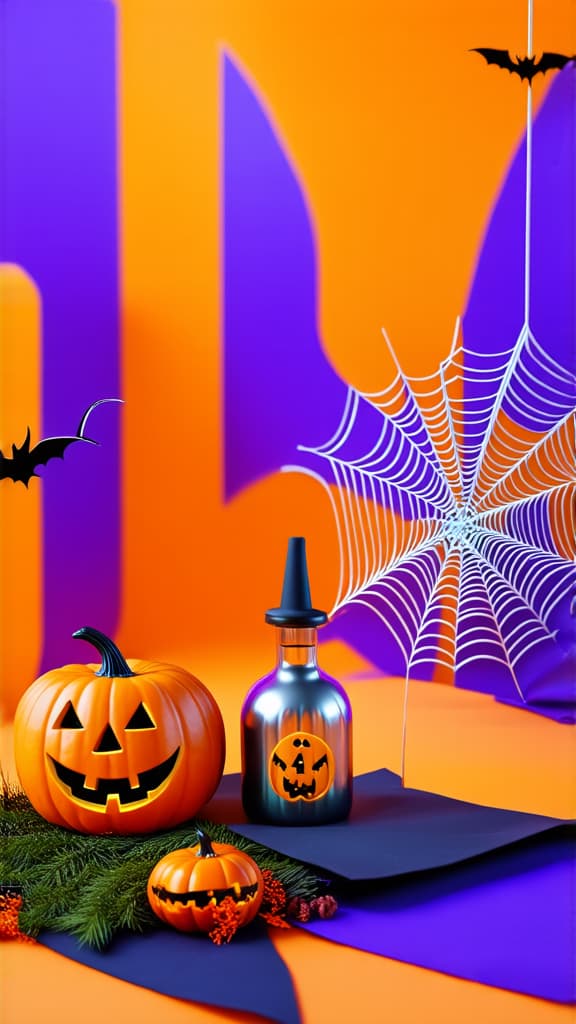  product display halloween decor party holiday studio set up in orange and violet color background with bat ,pumpkin,spider web ar 9:16 {prompt}, maximum details