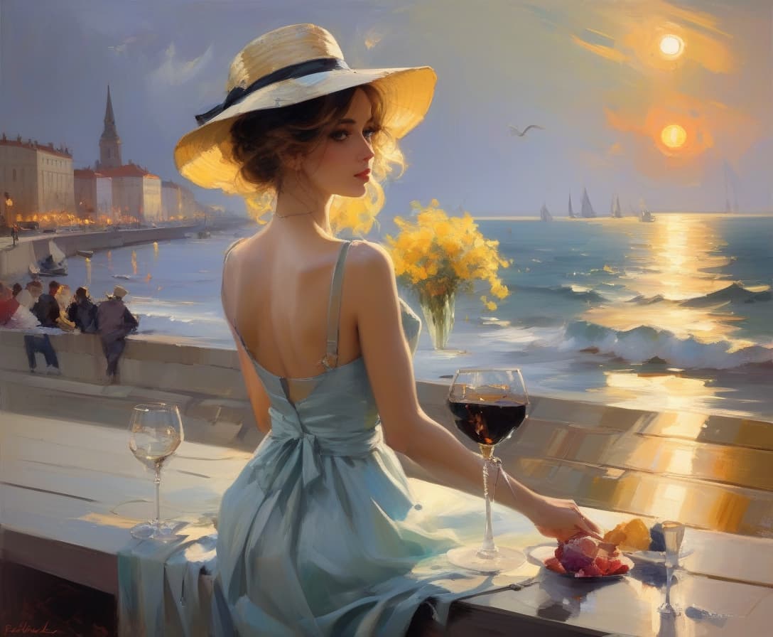  landscapes sunset by konstantin razumov and mikhail garmash and volegov, modern woman embankment by the sea, embankment by the sea, street cafe, a girl in a beautiful bright summer dress sits with her back to us, very short haircut, a beautiful beach hat with large sides on her head, a cocktail on the table,, the sea in the distance, photo realism, full length seascape painting depicting a dark night scene on a stormy sea by volegov:40 konstantin razumov :40 mikhail garmash:20 styles of by thomas moran and claude monet peter wileman, keith negley, and martin ansin, seascapes, sea, sunrise, mikhail garmash, louis jover, victor cheleg, damien hirst, claude joseph vernet,blending styles of peter wileman, keith negley, and martin ansin impres